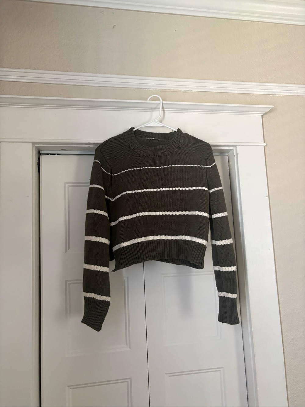 Z Supply Olive Green & White Striped Cropped Crew Sweater